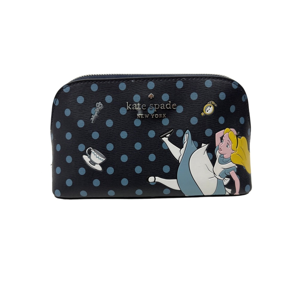Kate Spade Disney Alice in Wonderland Cosmetic Makeup Case Blue Polka Dot